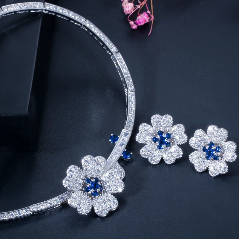Druzy CZ Stone Big Red Flower Wedding Bridal Choker Necklace and Earrings Party Costume Jewelry Sets for Brides T0518