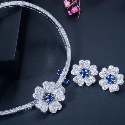 Druzy CZ Stone Big Red Flower Wedding Bridal Choker Necklace and Earrings Party Costume Jewelry Sets for Brides T0518