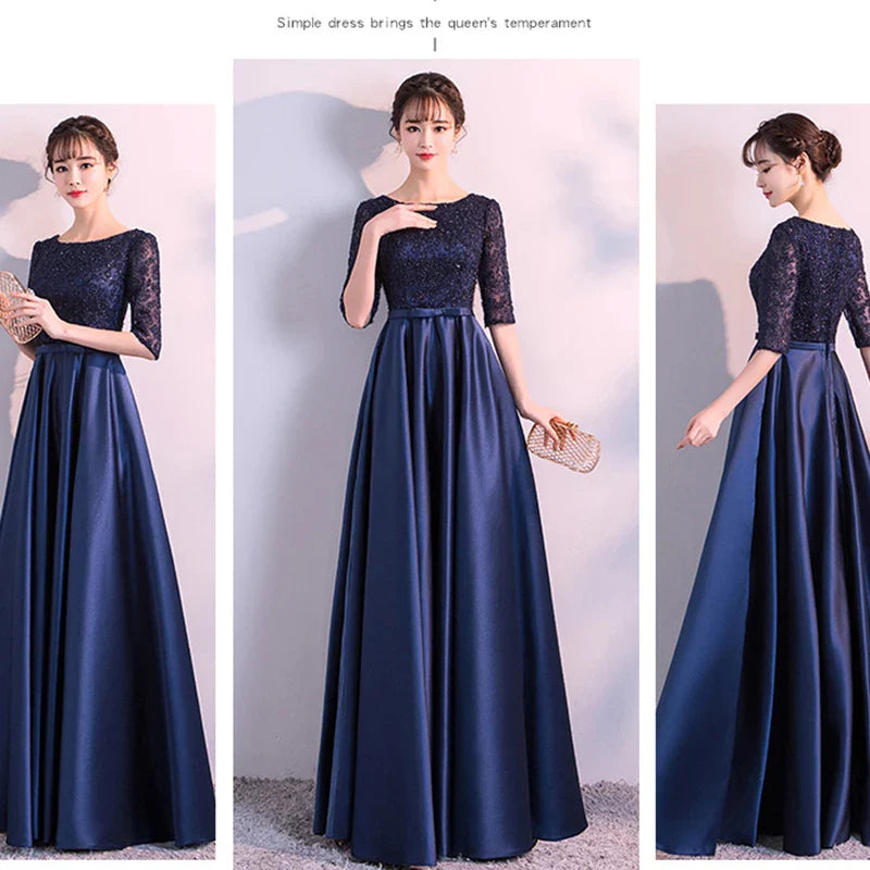 New 2025 Long Formal Evening Dresses Elegant Lace Satin Navy Blue Vestidos Para Mujer Women Party Gown