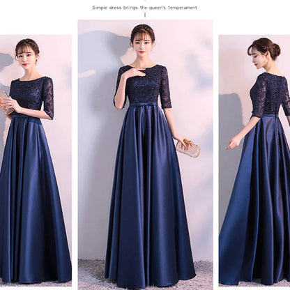 New 2025 Long Formal Evening Dresses Elegant Lace Satin Navy Blue Vestidos Para Mujer Women Party Gown