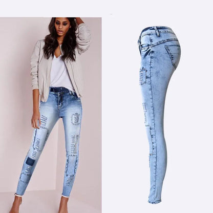 Low Waist Sky Blue Patchwork Skinny Tights Women