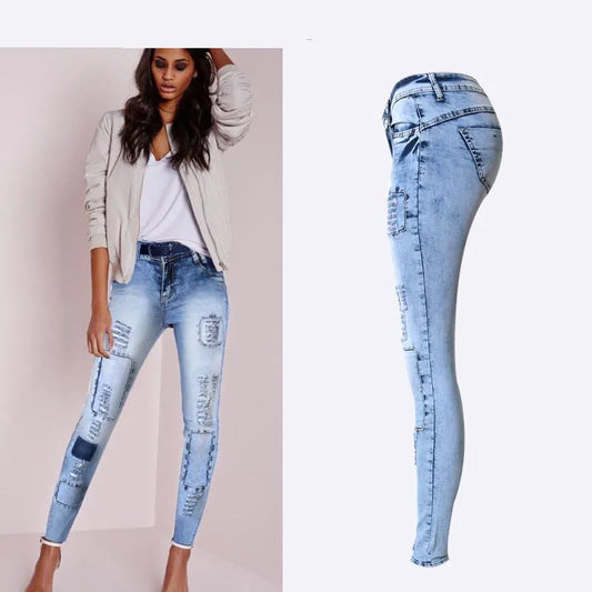 Calça Legging Feminina Skinny Azul Céu em Patchwork de Cintura Baixa
