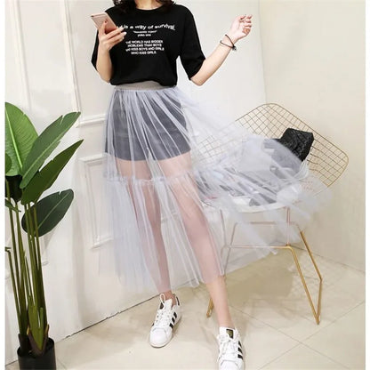2020 Women Sexy Mesh Transparent Long Tulle Skirt Korean Fashion Summer Ladies Elastic High Waist Black White Beach Midi Skirt