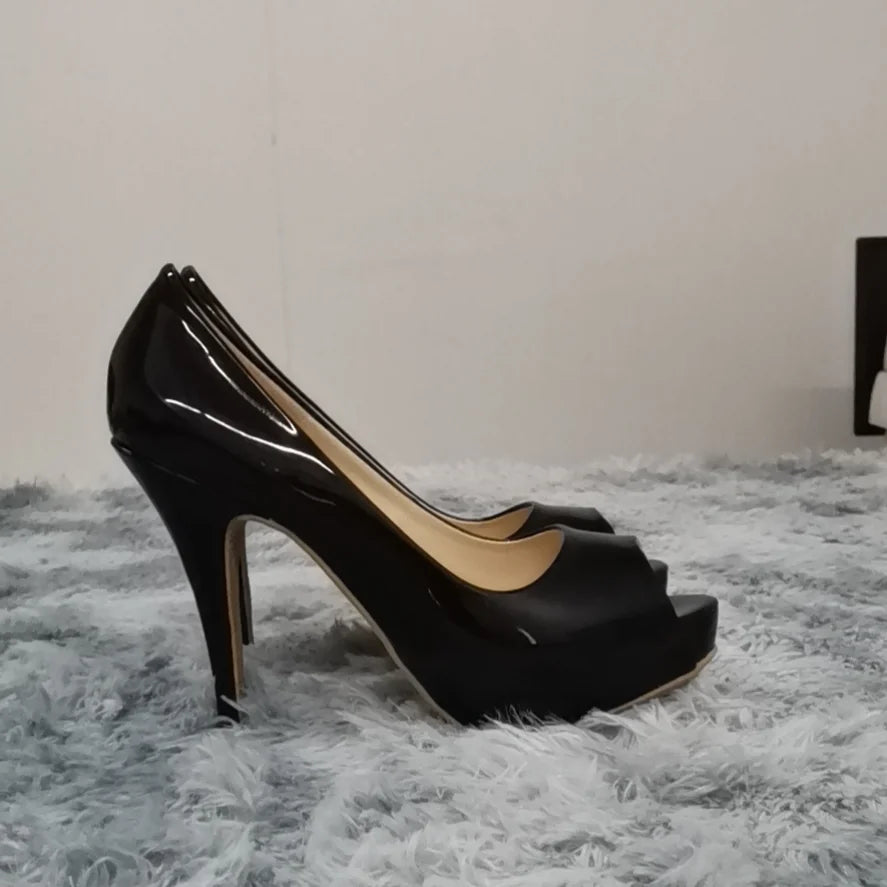 Women Pumps Sexy Open Toe 12cm Thin Heel Platform Patent Leather High Heels Gladiator Party Dress Wedding Shoes