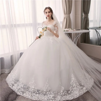Customized Wedding Dress Embroidery Lace Up Plus Size Custom Made O Neck Wedding Dresses Half Sleeve Ball Gown Robe De Mariee