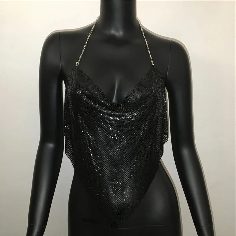 Women Solid Sequined Metal Camis Top 2025 Sexy Halter Backless V Strappy Party Nightclub Vest Cropped Tops