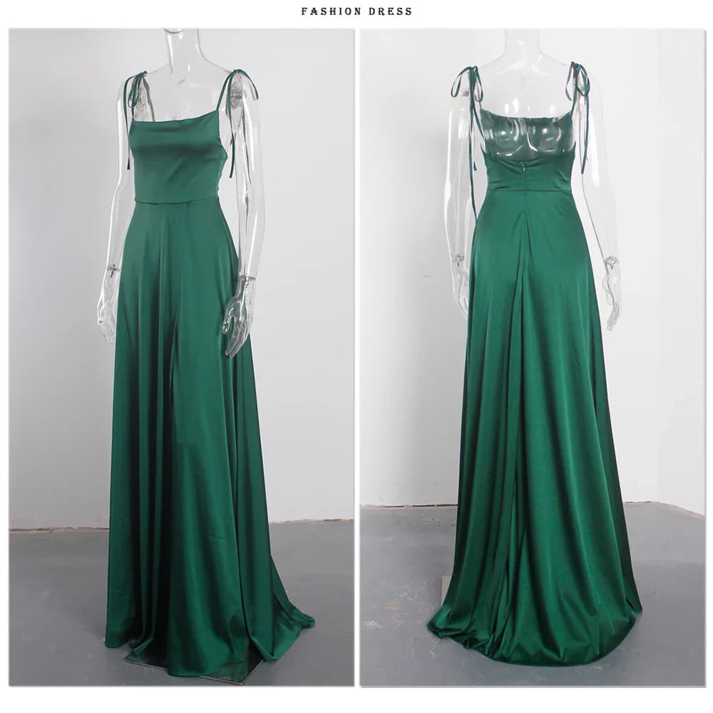 Sexy Mint Backless LaceUp Bridesmaid Dress Evening Gown Green Satin Slip Slit Leg Square Neck Wedding Party Long Dresses