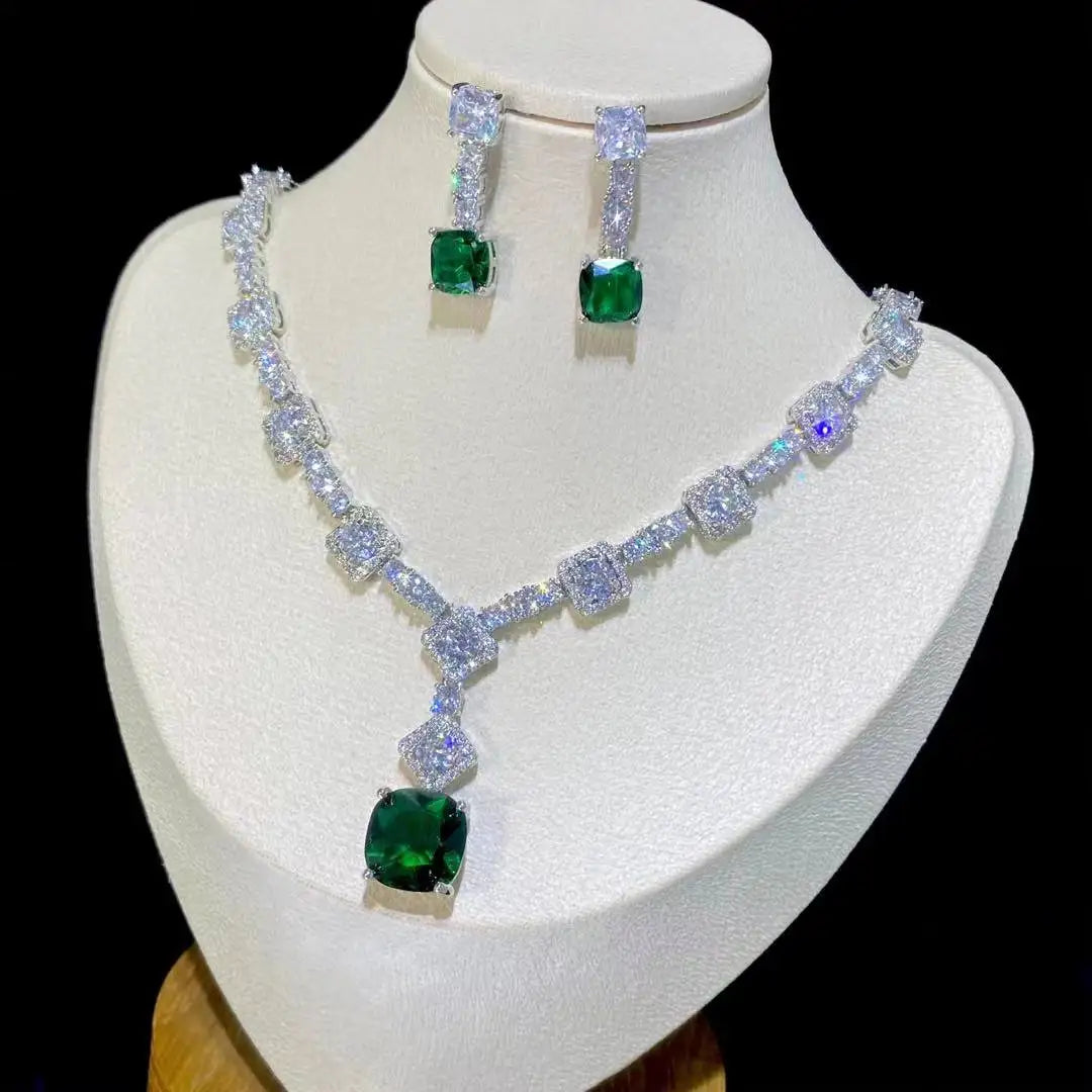 Square Bright Yellow and Green Color Drop Earrings Necklace For Women Jewelry Set  Bridal Wedding Accessories  X0185