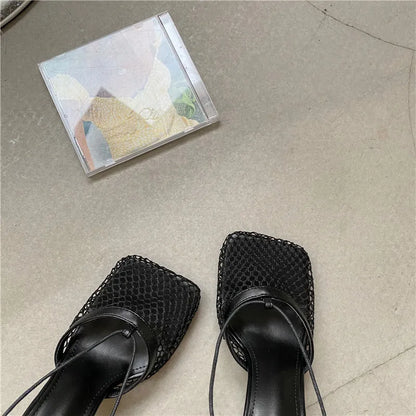 White Hollow Mesh Woman Pumps Sandals Square Toe High Heel Ankle Lace Up Cross-tied Party Dress Female Shoes