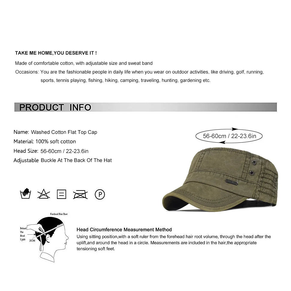 Four Seasons Washed Cotton Flat Caps Men Women Military cap Unique Design Vintage Flat Top Hat