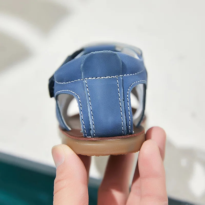 Children frosted genuine leather beach sandals boys barefoot non-slip sandals with cowhide lining baby soft Navy blue sandals