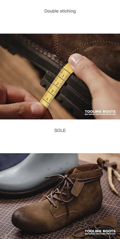 Men Vintage Split Suede Fleece-lined Boots Brown High-Top Work Boots Lace-Up Desert Ankle Rugged Sole Boots Outdoor Shoes