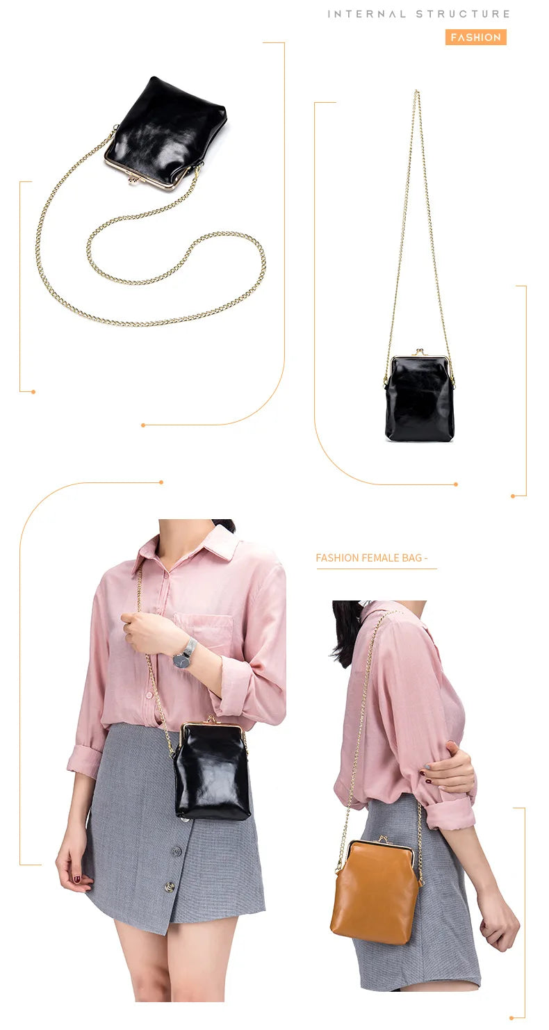 Vintage Genuine Leather Women Clip Bags Small Chain Crossbody Bag Fashion Kiss Lock Phone Bags High Quality Daily Purse Bag