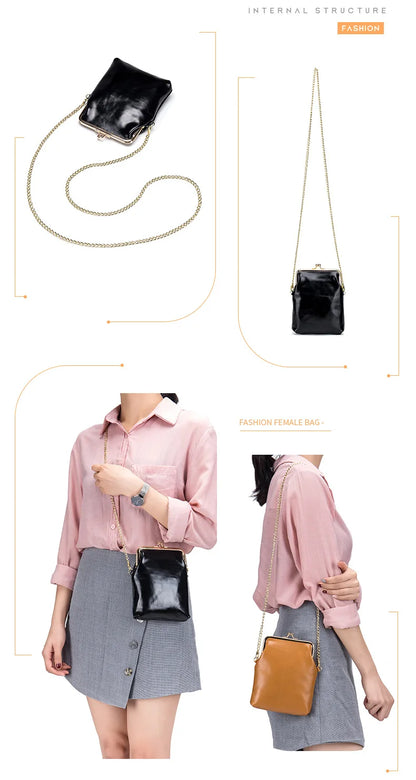 Vintage Genuine Leather Women Clip Bags Small Chain Crossbody Bag Fashion Kiss Lock Phone Bags High Quality Daily Purse Bag