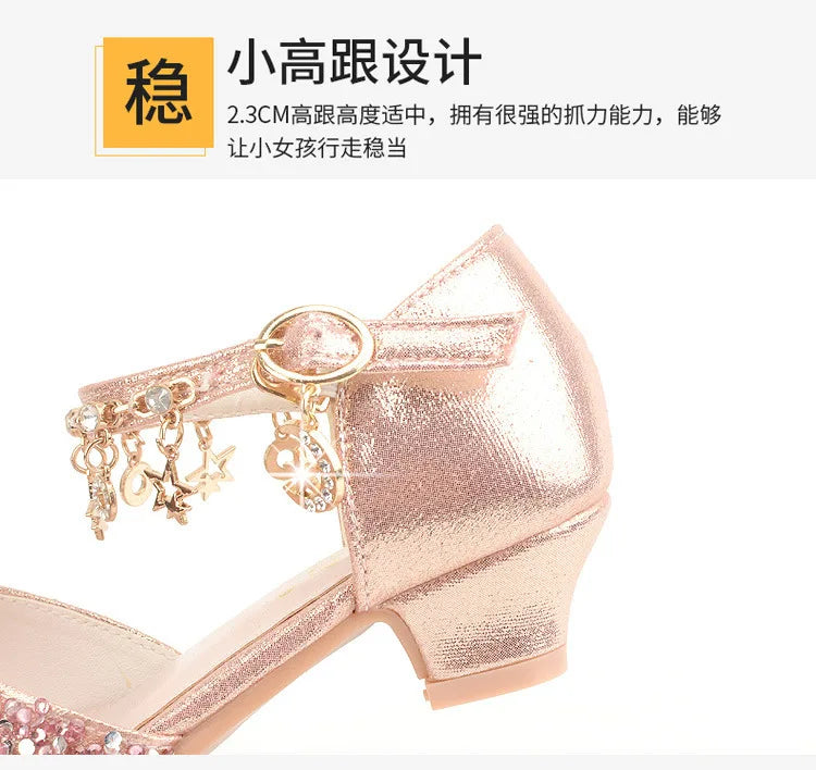 Girls Sandals Children Crystal Shoes 2023 Summer Kids Glitter Shoes High Heels Sequined Rhinestone Pendants Open Toes Princess