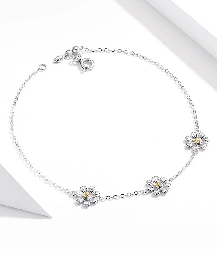 Daisy Flower Link Bracelet for Women Genuine 925 Sterling Silver Fresh Lovely Gifts Anti-allergy Gift Fine Jewelry SCB165