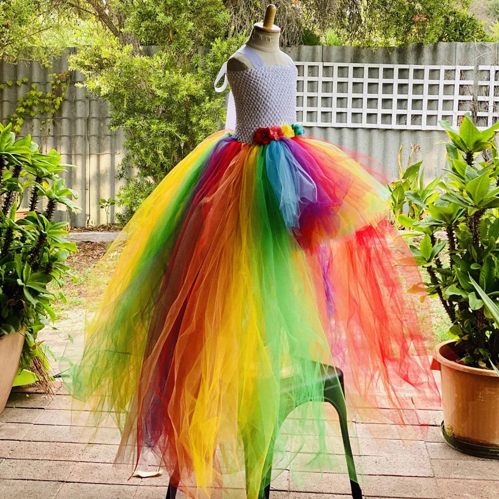 Baby Girls Rainbow Color Trailing Tutu Dress Kids Crochet Flower Tulle Dress Ball Gown Children Evening Party Costume Dresses