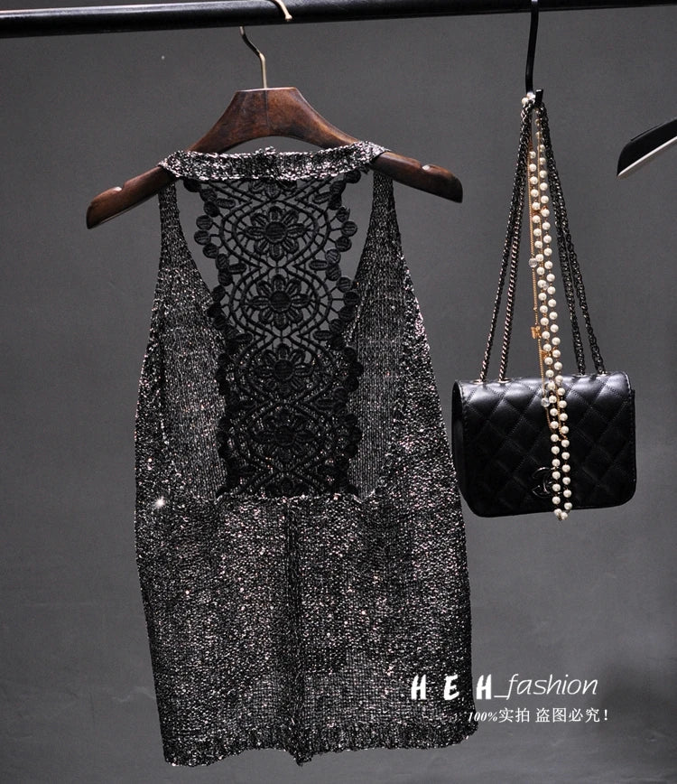 Yan Li  Sexy Shoulders and Heart Leakage Hang Sequined Jacket Neck Lace Knitting Wear Outside Hang Back  Sleeveless Top Women