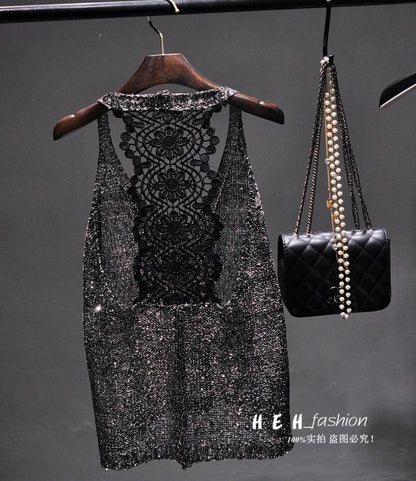 Yan Li  Sexy Shoulders and Heart Leakage Hang Sequined Jacket Neck Lace Knitting Wear Outside Hang Back  Sleeveless Top Women