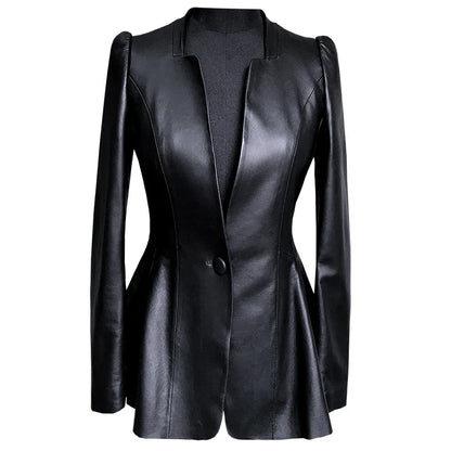 Lautaro Autumn Black Slim Soft Pu Leather Jacket Women Deep V Neck Long Puff Sleeve Elegant Luxury Skirted Blazer Fashion 2021