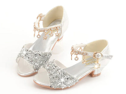 Girls Sandals Children Crystal Shoes 2023 Summer Kids Glitter Shoes High Heels Sequined Rhinestone Pendants Open Toes Princess