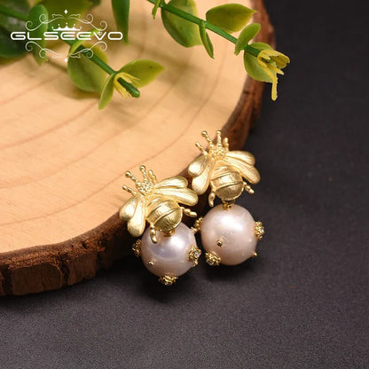 Bee And  With Natural Pearls Pearl Earrings 18K Gold Plated Jewelry Korean Designer Jewelry Earrings Gifts For Girlfriend