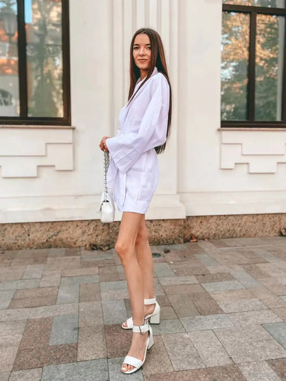 Women's V-Neck Kimono Cardigan Mini Dress Cotton Linen Long Sleeve Sashes Dresses Robe Style Lace Up Summer Loose Vestidos