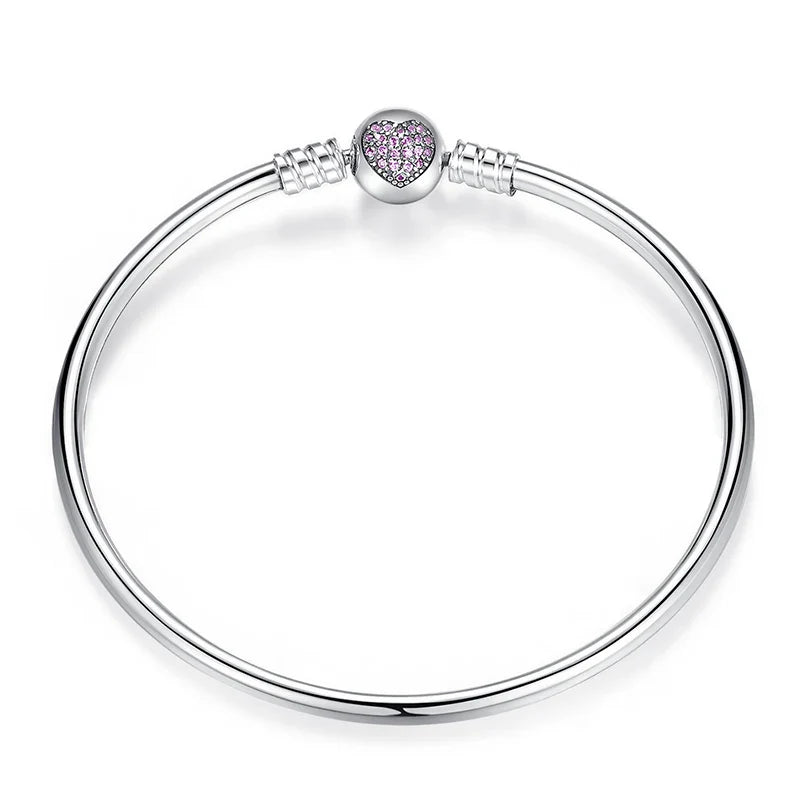 925 Sterling Silver Pink Heart Bangle & Bracelet Pave Setting CZ Snake Chain for Women Pendant Charm Bead DIY Jewelry