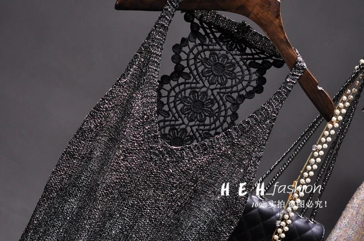 Yan Li  Sexy Shoulders and Heart Leakage Hang Sequined Jacket Neck Lace Knitting Wear Outside Hang Back  Sleeveless Top Women
