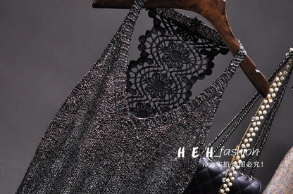 Yan Li  Sexy Shoulders and Heart Leakage Hang Sequined Jacket Neck Lace Knitting Wear Outside Hang Back  Sleeveless Top Women