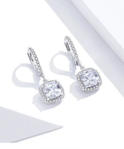 Authentic 925 Sterling Silver Dazzling CZ Square Geometric Drop Earrings for Women 14K Gold Plated Wedding Jewelry SCE520