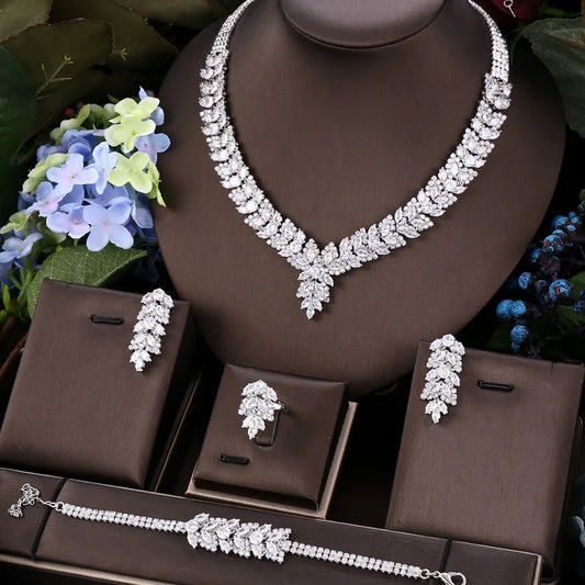 4pcs Bridal Zirconia Full Jewelry Sets For Women Party, Luxury Dubai Nigeria CZ Crystal Wedding Jewelry Sets