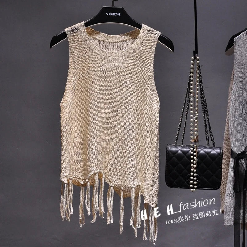 Sexy Shiny Gold Silver Knitted Tank Tops Women Bling Bling Sequined Tassels Knitted Vest  All Neon Store Clothes  Korean