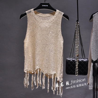 Sexy Shiny Gold Silver Knitted Tank Tops Women Bling Bling Sequined Tassels Knitted Vest  All Neon Store Clothes  Korean