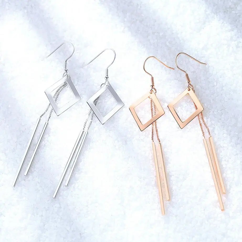New Trendy Rose Gold 925 Silver Earrings For Women Geometric Hollow Square Long Tassel Earring Female Holiday Jewelry