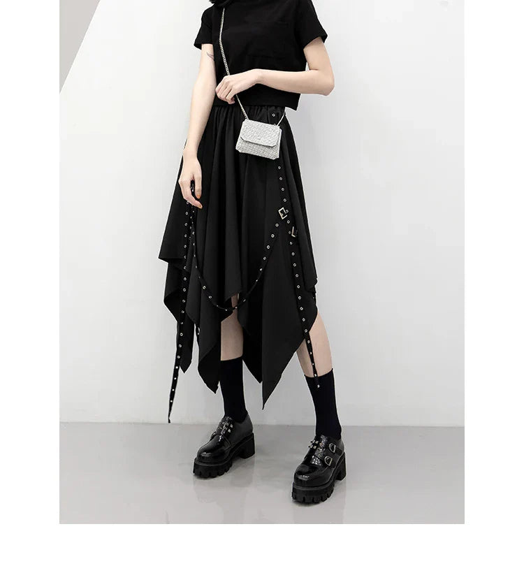 Irregular Skirt Girl's New Dark Tie Street Punk Wind Weave Buckle Medium-length Y2k Gothic Long Skirt