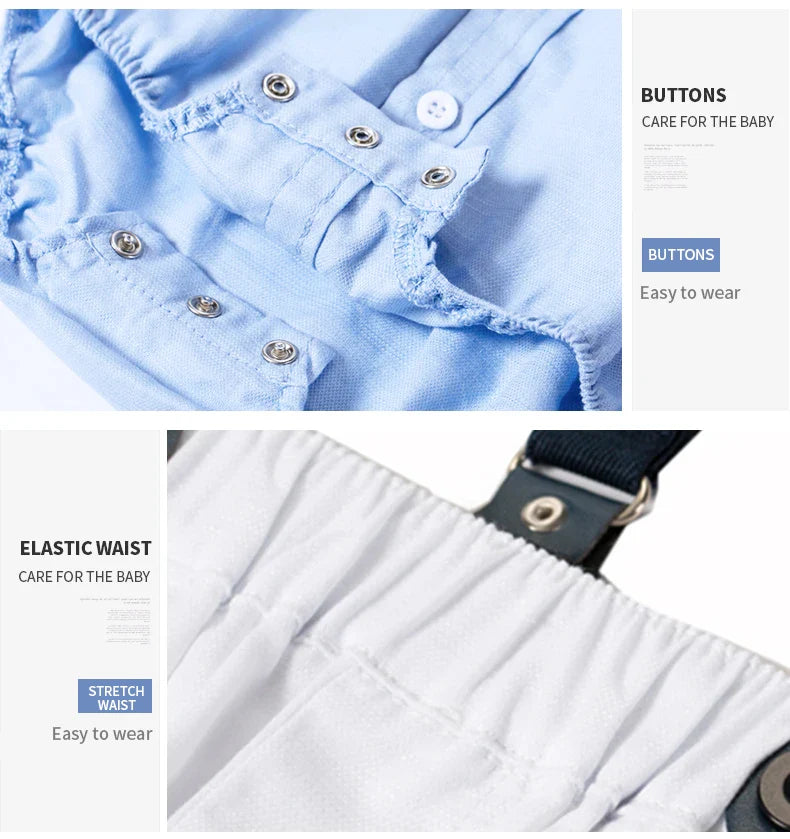 Solid Newborn Baby Boy Outfit Set Bow Formal Gentleman Suit for Toddlers Summer Sky Blue Romper + White Shorts Clothes for Baby