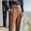 2024 Mens Elegant Formal Party Suits Pants Solid White Grey Pencil Trouser Korean Fashion Waist Buckle Suit Pants Men Streetwear