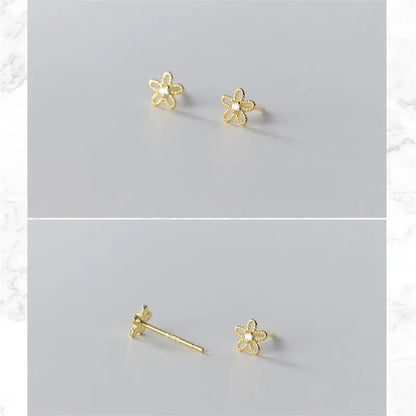 Real 100% 925 Sterling Silver Cute Sweet Hollow Mini Small Flower Geometric Stud Earrings for Women Korean Fine Jewelry