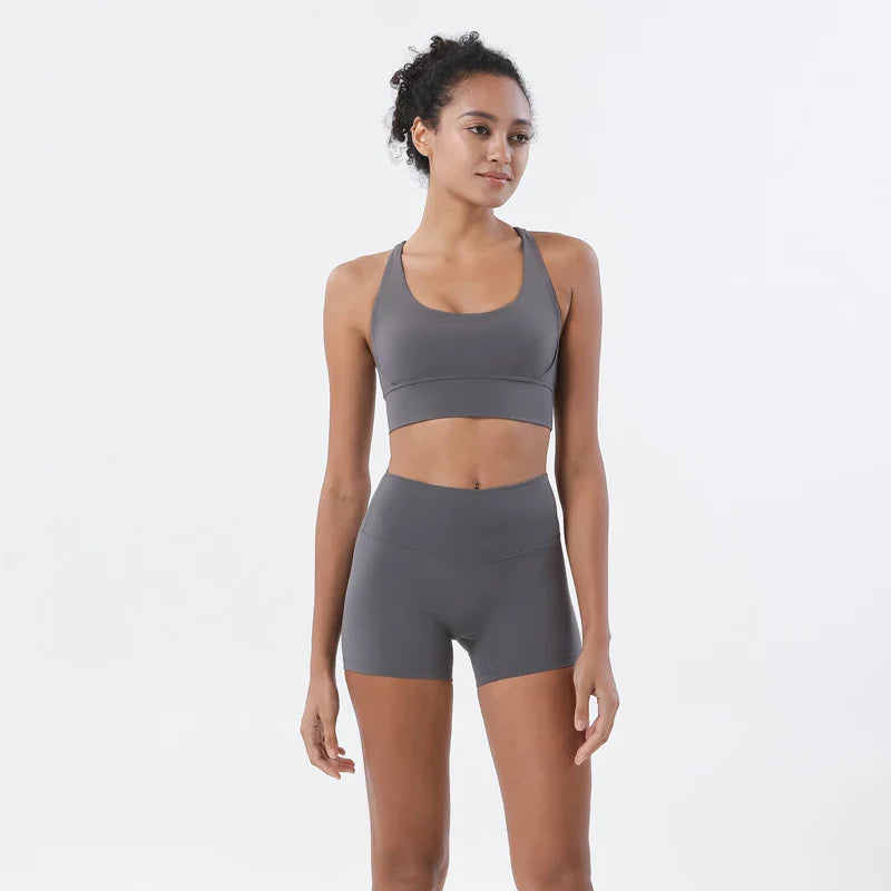 SOISOU Gym Womens Clothing Shorts Sets Yoga Women's Tracksuit Sexy Bra High Waist Short Sportwear Elastic Set Woman 2 Pieces