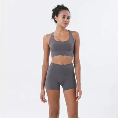 SOISOU Gym Womens Clothing Shorts Sets Yoga Women's Tracksuit Sexy Bra High Waist Short Sportwear Elastic Set Woman 2 Pieces