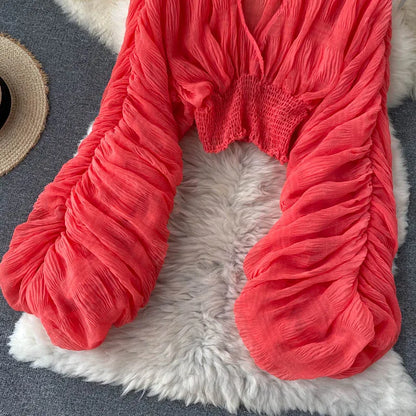 Summer Sexy Draped Chiffon Blouse For Women Elegant V-Neck Puff Long Sleeve Short Tops Female Slim Party Shirts 2022 New Fashion