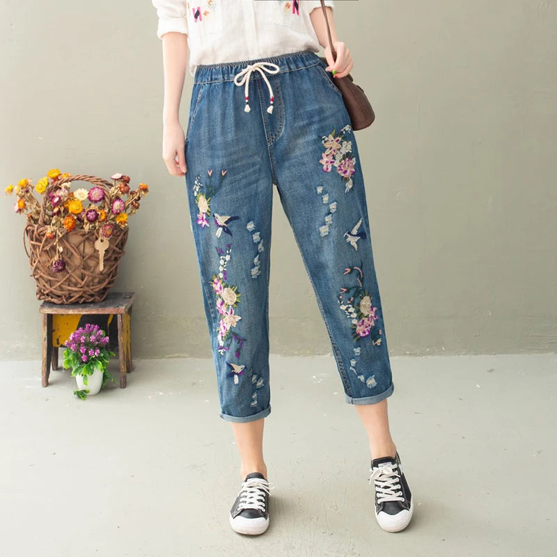 Summer Women Vintage Floral Loose Denim Pants Chinese Style Casual Ripped Blue Jeans Holes Elastic Harem Trousers