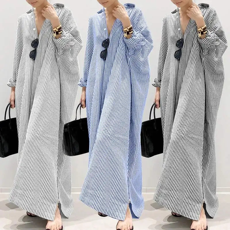 2025 Stripe Printed Beach Party Sundress Spring Fall Bohemian Women Long Sleeve Lapel Dress Fashion Casual Loose Vestidos