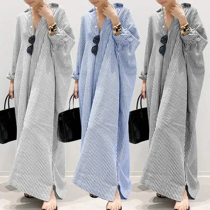 2025 Stripe Printed Beach Party Sundress Spring Fall Bohemian Women Long Sleeve Lapel Dress Fashion Casual Loose Vestidos