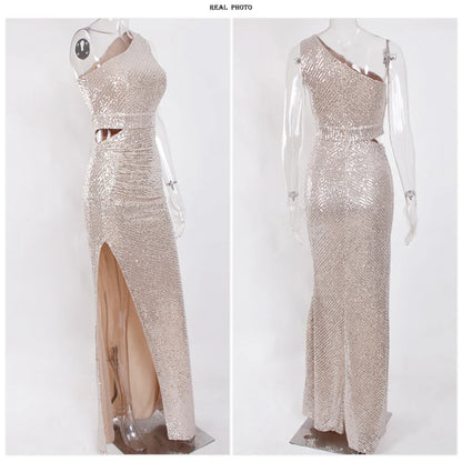 Silver One Shoulder Hollow Out Sequin Cocktail Dress Luxury Pleated Slit Padded Sleeveless Women Party Evening Dresses