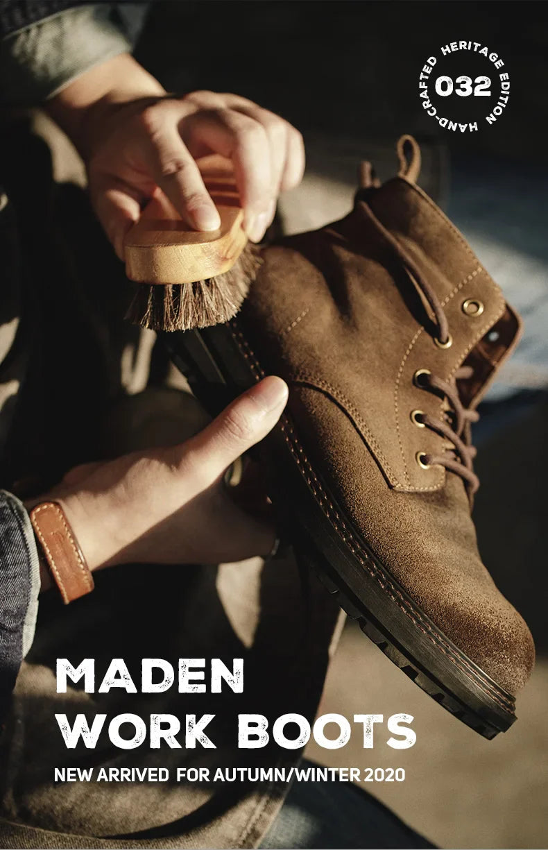 Men Vintage Split Suede Fleece-lined Boots Brown High-Top Work Boots Lace-Up Desert Ankle Rugged Sole Boots Outdoor Shoes
