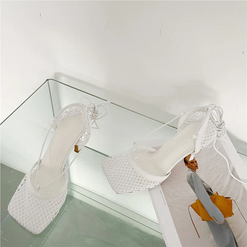 2026 Stiletto Heels Mesh Fashion Sandals Square Toe Cross-Tied Shallow Concise Party Rome Solid Summer Shoes for Women