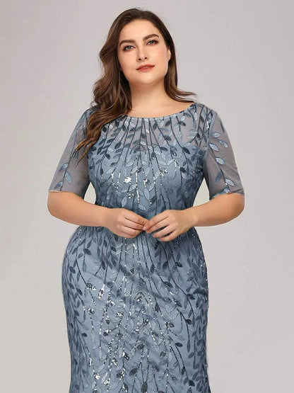 2023 Plus Size Sequin Mesh Mermaid Slim Evening Dress Beaded Leaves Pattern Formal  Women Elegant Party Prom Gowns Short Sleeve