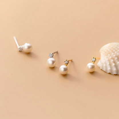 Genuine 925 Sterling Silver Geometric Zircon Pearl Mini Small Stud Earrings for Women Chic Charming Korean Jewelry 2021